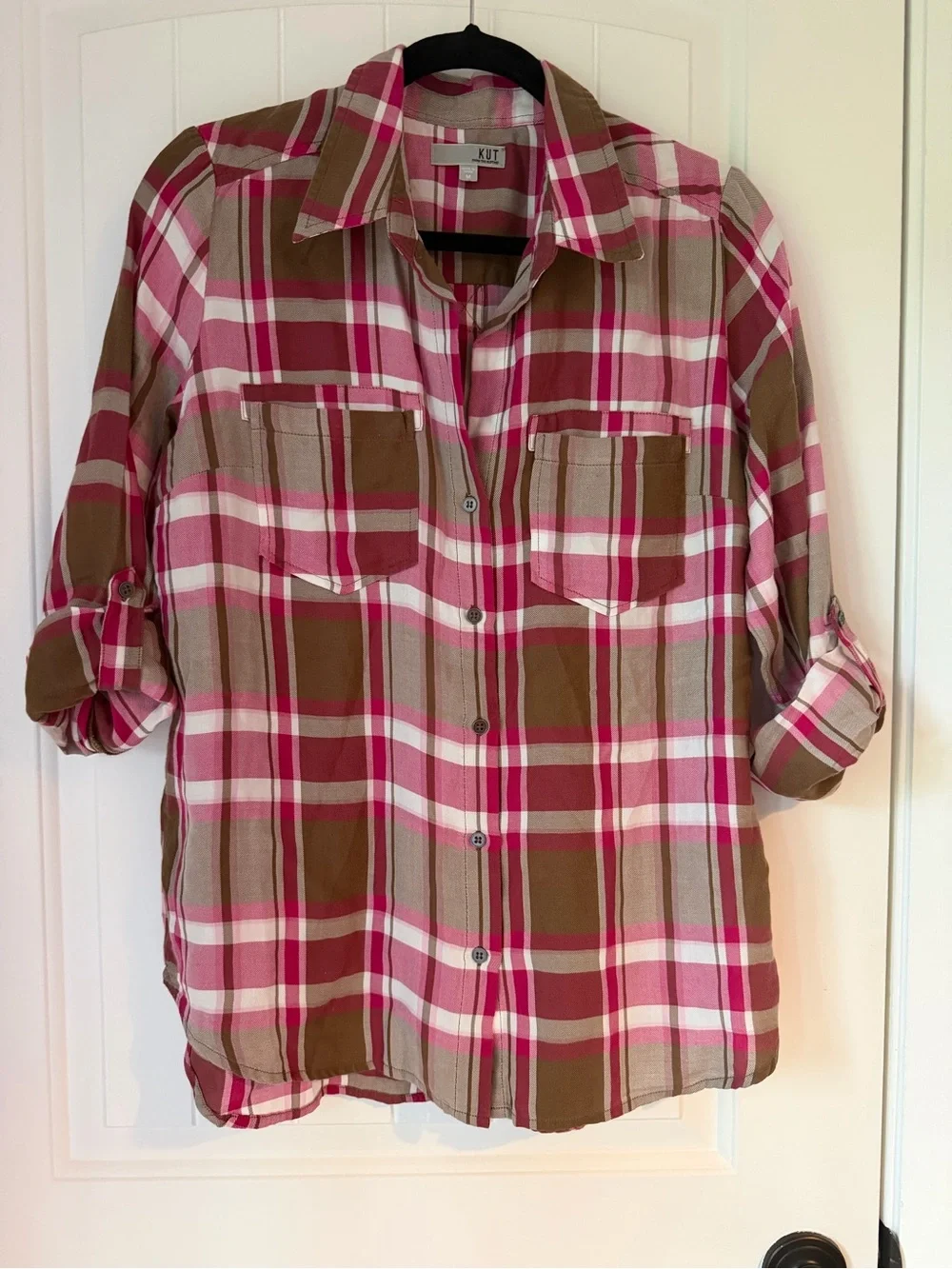KUT From The Kloth Hannah Pink Espresso Plaid Shirt NWOT M Long Sleeve Roll-Tab